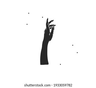 Hand drawn vector abstract stock flat graphic illustration with logo elements ,woman magic black silhouette hand touch in simple style for branding ,isolated on white background