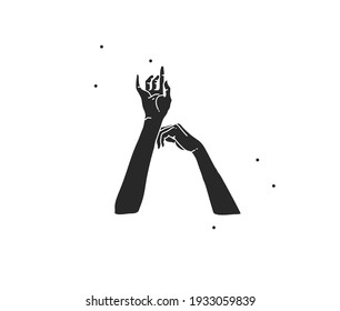 Grado abstracto de vectores dibujado a mano ilustración gráfica plana con elementos de logotipo, mujer mágica tacto de mano de silueta negra en estilo sencillo para marca, aislado en fondo blanco