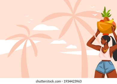 Hand drawn vector abstract stock flat graphic illustration with young ,happy black afro american beauty woman in swimsuit on sundown view scene on the beach isolated on pink pastel background.