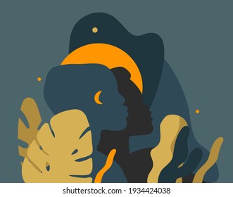 Hand drawn vector abstract stock graphic illustration with young black african american beauty people silhouette portraits ,night tribal african freedom concept isolated on color background