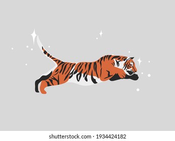 Hand drawn vector abstract stock flat graphic illustration with ethnic tribal mystic beautiful tiger in the wild,and magic stars in simple style ,isolated on white background