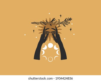Hand drawn vector abstract stock flat graphic illustration with logo elements ,sword,human hand,flowers and sun, magic line moon art in simple style for branding ,isolated on golden background