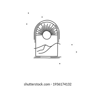 Hand drawn vector abstract stock flat graphic illustration with logo element of line arch and sun rays art in simple style for branding,isolated on white background