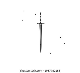 Hand drawn vector abstract stock flat graphic illustration with logo element of magic sword silhouette art in simple style for branding,isolated on white background