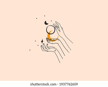 Hand drawn vector abstract stock flat graphic illustration with logo elements ,woman fashion magic line art hands touch moonand stars in simple style for branding ,isolated on color background