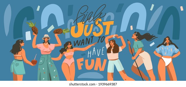 Hand drawn vector abstract stock graphic illustration with young smiling females dancing party at home and handwritten lettering quote isolated on blue collage background