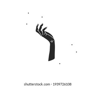 Grado abstracto de vectores dibujado a mano ilustración gráfica plana con elementos de logotipo, mujer mágica tacto de mano de silueta negra en estilo sencillo para marca, aislado en fondo blanco