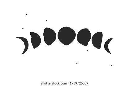 Handgezeichnete, abstrakte Stockillustrations-Kollektion mit Logo-Elementen aus magischen Himmelsstempelmondphasen einzeln auf weißem Hintergrund