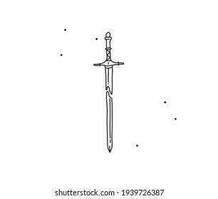 Hand drawn vector abstract stock flat graphic illustration with logo element line art of mystic symbol,sword in simple style for branding,isolated on white background