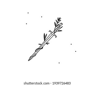 Material abstracto de vectores dibujado a mano ilustración gráfica plana con el logotipo línea de elemento arte del símbolo místico,espada en hojas florales de estilo simple para marca,aislado en fondo blanco