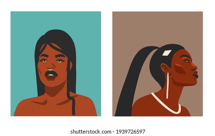 Gráficas gráficas planas con vectores dibujados a mano abstractas de material con negro tribal bohemio étnico, bello retrato de colección de mujeres afroamericanas aislado en fondo de color