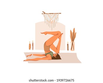 Hand drawn vector abstract stock graphic bohemian clipart illustration with young happy beauty female character,meditating and yoga practitioner isolated on white background