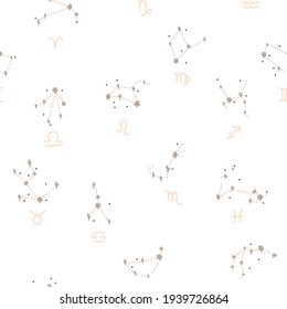 Hand drawn vector abstract stock graphic illustration art seamless pattern,with modern collage nature contemporary celestial print of zodiac constelations and stars isolated on white background