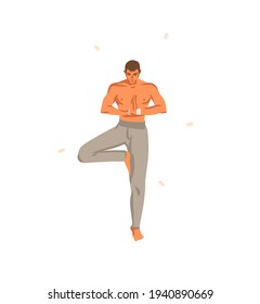 Hand drawn vector abstract stock graphic bohemian clipart illustration with young happy beauty male character,meditating and yoga practitioner isolated on white background