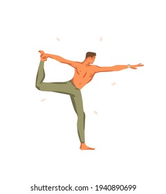 Hand drawn vector abstract stock graphic bohemian clipart illustration with young happy beauty male character,meditating and yoga practitioner isolated on white background