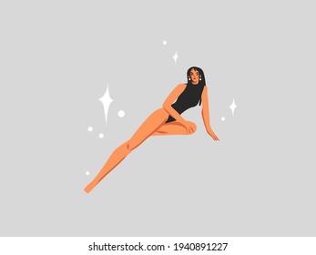 Hand drawn vector abstract stock flat graphic clipart illustration with bohemian celestial tribal mystic beautiful witchy woman,moon and magic stars in simple style ,isolated on color background