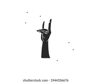 Hand drawn vector abstract stock flat graphic illustration with logo elements ,woman magic black silhouette hand touch in simple style for branding ,isolated on white background