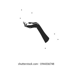 Hand drawn vector abstract stock flat graphic illustration with logo elements ,woman magic black silhouette hand touch in simple style for branding ,isolated on white background