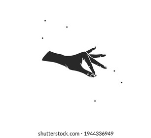 Hand drawn vector abstract stock flat graphic illustration with logo elements ,woman magic black silhouette hand touch in simple style for branding ,isolated on white background