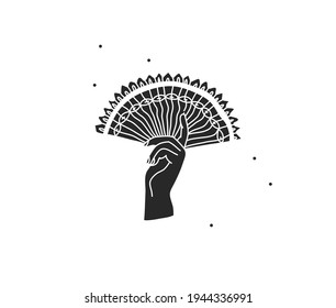 Hand drawn vector abstract stock flat graphic illustration with logo elements , hand holding a chinesee fan line and silhouette,magic art in simple style for branding,isolated on white background