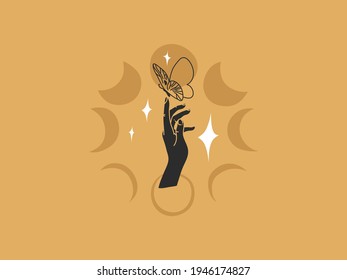 Hand drawn vector abstract stock flat graphic illustration with logo elements, magic line art of butterfly,crescent,moon phase and stars in simple style for branding ,isolated on color background