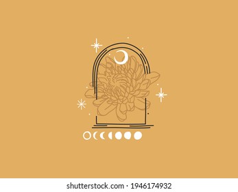 Hand drawn vector abstract stock flat graphic illustration with logo elements, magic line art of peony flower,crescent,moon phase and stars in simple style for branding ,isolated on color background