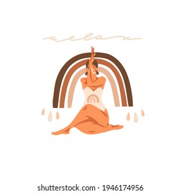 Hand drawn vector abstract stock graphic bohemian clipart illustration with young happy beauty female character,meditating and yoga practitioner isolated on white background