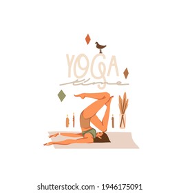 Hand drawn vector abstract stock graphic bohemian clipart illustration with young happy beauty female character,meditating and yoga practitioner isolated on white background