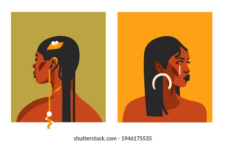 Hand drawn vector abstract stock flat graphic illustrations with ethnic bohemian tribal black,beautiful african american women collection portrait set isolated on color background