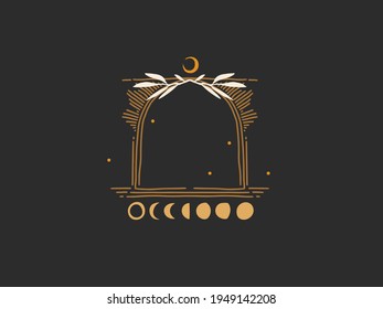 Hand drawn vector abstract stock flat graphic illustration with logo elements, magic line art of crescent,moon phase and stars in simple style for branding ,isolated on black background