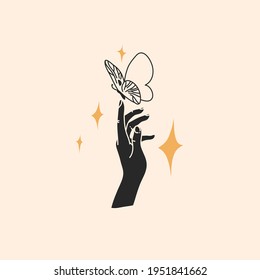 Hand drawn vector abstract stock flat graphic illustration with logo elements,magic line art of butterfly,feminine hand silhouette and stars in simple style for branding ,isolated on color background