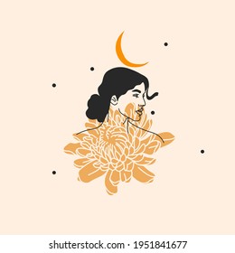 Dibujo manual vectorial abstracto material ilustración gráfica plana con elementos del logo, hembra boho con flores y icono de la línea sagrada lunar en estilo simple para la marca, aislado en fondo blanco.