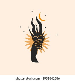 Hand drawn vector abstract stock flat graphic illustration with logo element,magic line art of crescent,female hand silhouette and heart in simple style for branding,isolated on color background