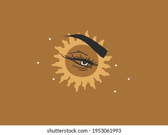 Hand drawn vector abstract stock flat graphic illustration with logo elements, magic line art of feminine eye,boho sun and stars in simple style for branding ,isolated on color background