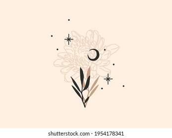 Hand drawn vector abstract stock flat graphic illustration with logo elements, magic line art of peony flower,crescent,moon phase and stars in simple style for branding ,isolated on color background