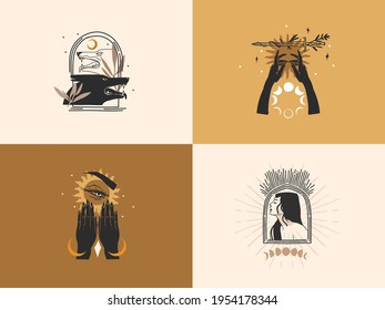 Hand drawn vector abstract stock graphic illustration with logo elements collection bundle set,magic line art of crescent,moon phase and star in simple style for branding,isolated on color background