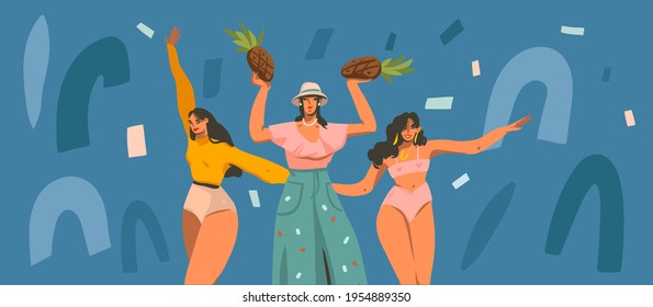 Hand drawn vector abstract stock graphic illustration with young smiling females dancing party at home and collage shapes isolated on color background.
