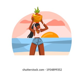 Dibujo manual vectorial abstracto gráfico de stock con joven afroamericana feliz hembra de belleza negra, lleva una canasta de fruta en su cabeza en el café de la escena de la playa aislado en fondo blanco