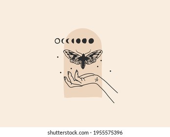 Hand drawn vector abstract stock flat graphic illustration with feminine logo elements ,human line hand, butterfly, magic moon phase art in simple style for branding ,isolated on golden background