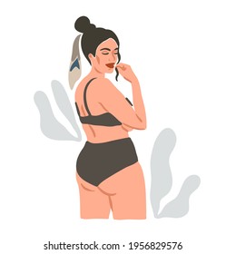 Hand drawn vector abstract stock flat graphic contemporary aesthetic fashion illustration with bohemian,beautiful modern plus size female in simple trendy minimal style isolated on pastel background