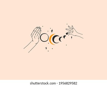 Hand drawn vector abstract stock flat graphic illustration with logo elements ,woman fashion magic line art hands touch moonand stars in simple style for branding ,isolated on color background