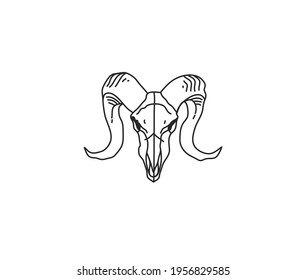 Hand drawn vector abstract stock flat graphic illustration with logo element of magic goat head skull line art in simple style for branding,isolated on white background