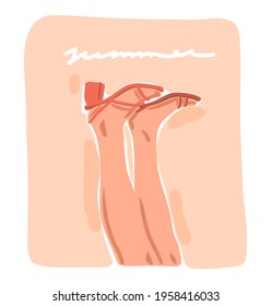 Hand drawn vector abstract stock graphic contemporary aesthetic,fashion illustration with vintage beautiful modern female legs and shoes with handwritten text Summer isolated on pastel background