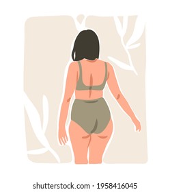 Hand drawn vector abstract stock flat graphic contemporary aesthetic fashion illustration with bohemian,beautiful modern plus size female in simple trendy minimal style isolated on pastel background