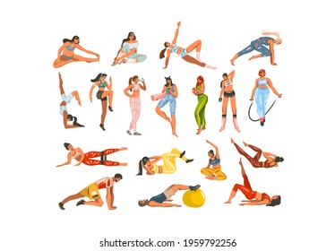 Hand drawn vector abstract stock flat graphic illustration clipart collection set bundle with sport fitness training people in sportwear isolated on white color background.Home fitness concept