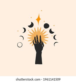 Hand drawn vector abstract stock flat graphic illustration with logo element,magic line art of gold sun,human hand silhouette and moon phases in simple style for branding,isolated on color background