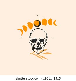 Hand drawn vector abstract stock flat graphic illustration with logo elements,magic line art of human skull,moon phase and flower leaves in simple style for branding ,isolated on color background