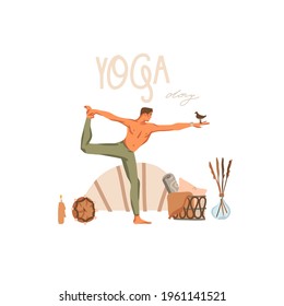Dibujo manual vectorial abstracto material gráfico biohemio ilustración clipart con joven personaje masculino feliz, meditación y escena de practicante de yoga aislado en fondo blanco