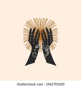 Hand drawn vector abstract stock flat graphic illustration with logo element,magic line art of gold sun,human hand silhouette in simple style for branding,isolated on color background