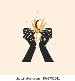 Hand drawn vector abstract stock flat graphic illustration with logo element,magic line art of crescent,female hand silhouette and leaves in simple style for branding,isolated on color background